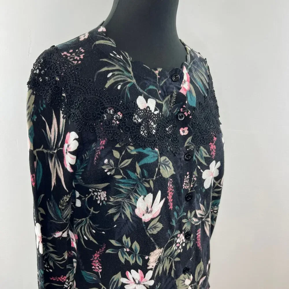 KATE SPADE Botanical Pima Cotton 3/4 Sleeve Lace Accent Knit Cardigan Size S